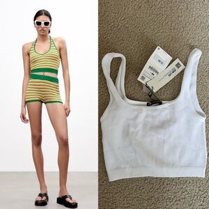 ZARA New! SET GREEN AND WHITE TOP SHORTS BUNDLE Comfy Wardrobe Set 3PC